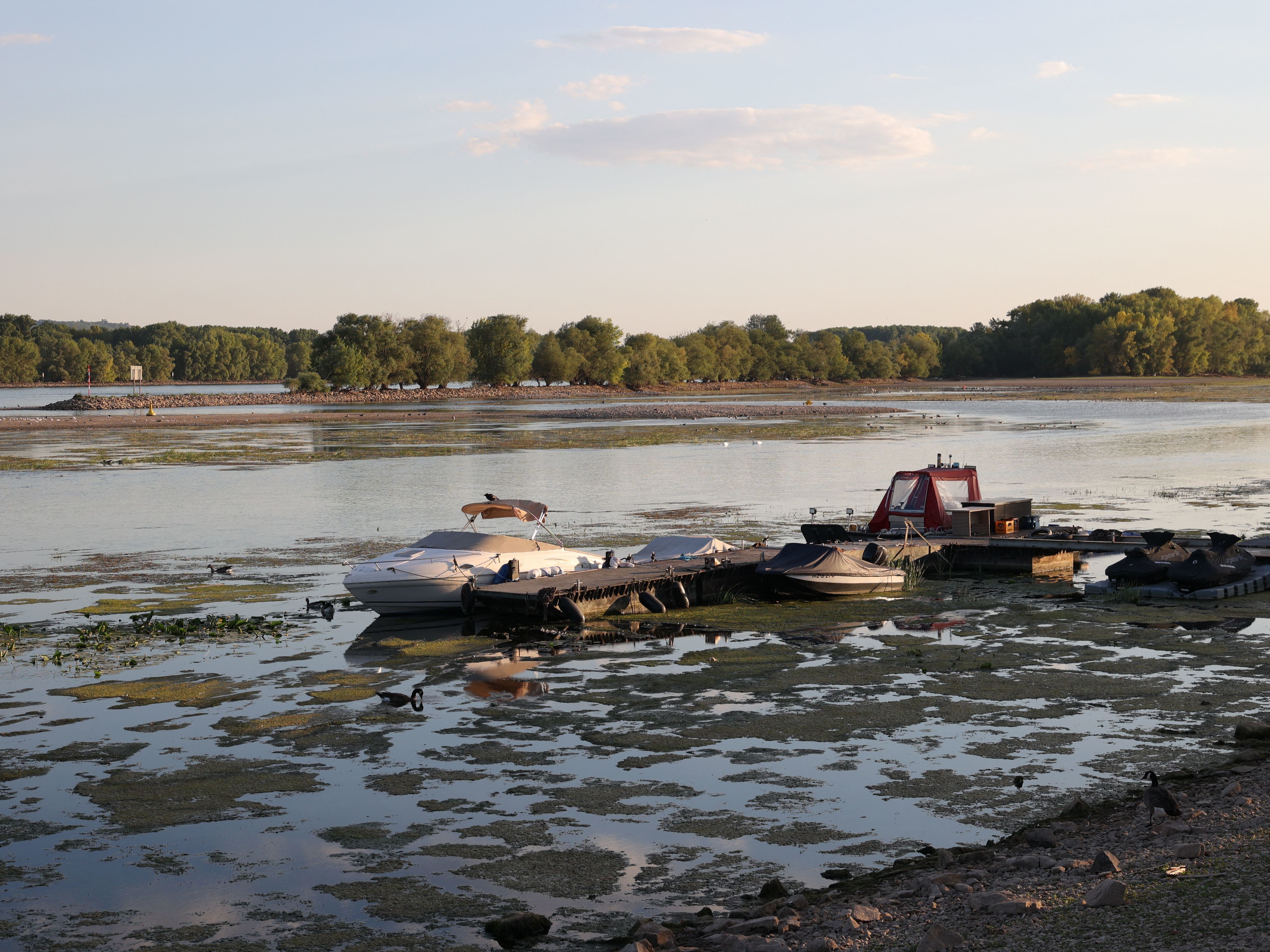 caption: A boat is pictured on the shallow Rhine river near Oestrich Winkel, western Germany, on Aug. 12, as the water level passed below 40 centimeters, making ship transport increasingly difficult.
