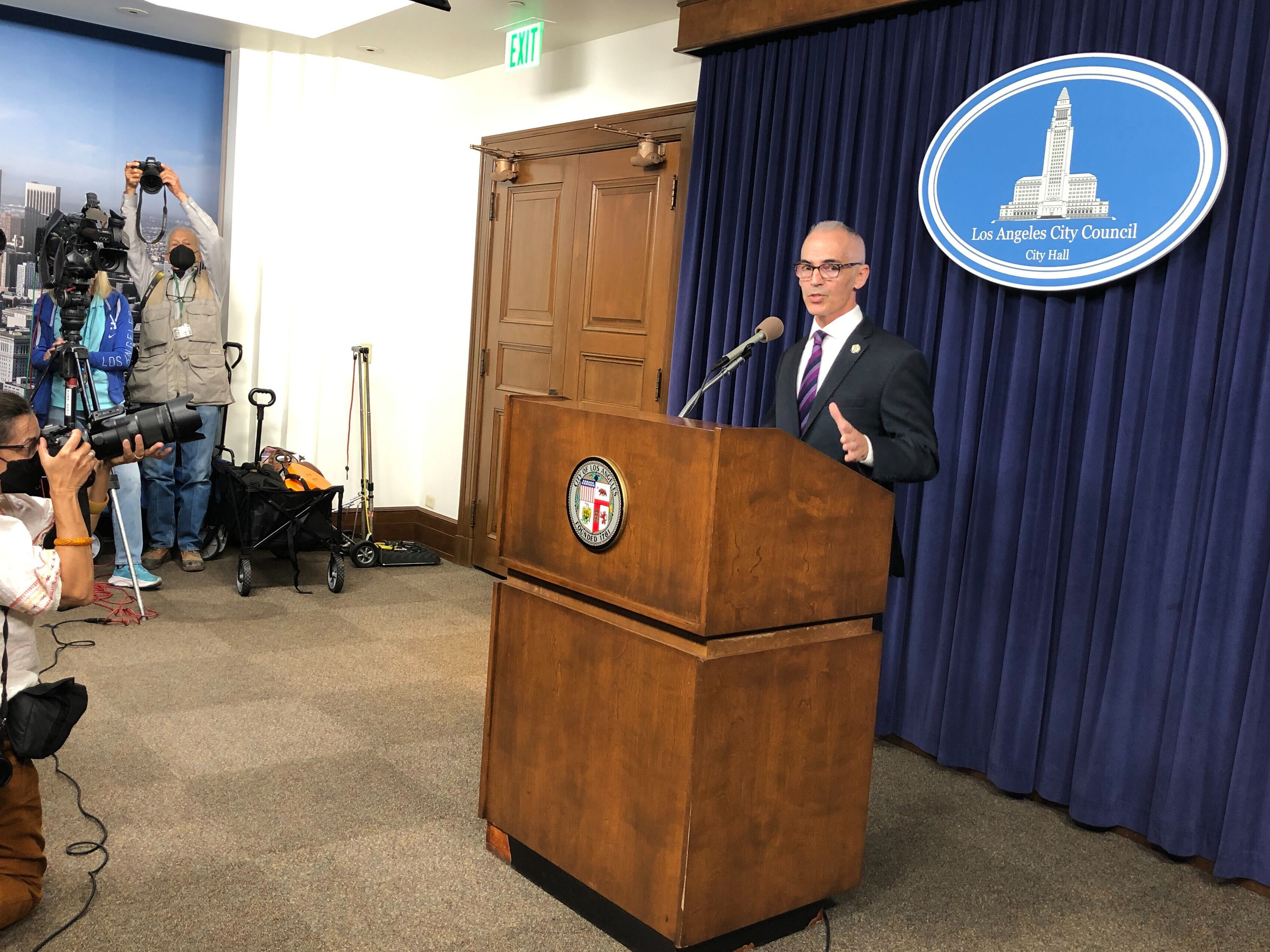 caption: Acting Los Angeles City Council President Mitch O'Farrell discusses the ongoing scandal a week after a leaked recording of racist remarks by council members came to light during a news conference at City Hall in Los Angeles on Monday, Oct. 17, 2022.