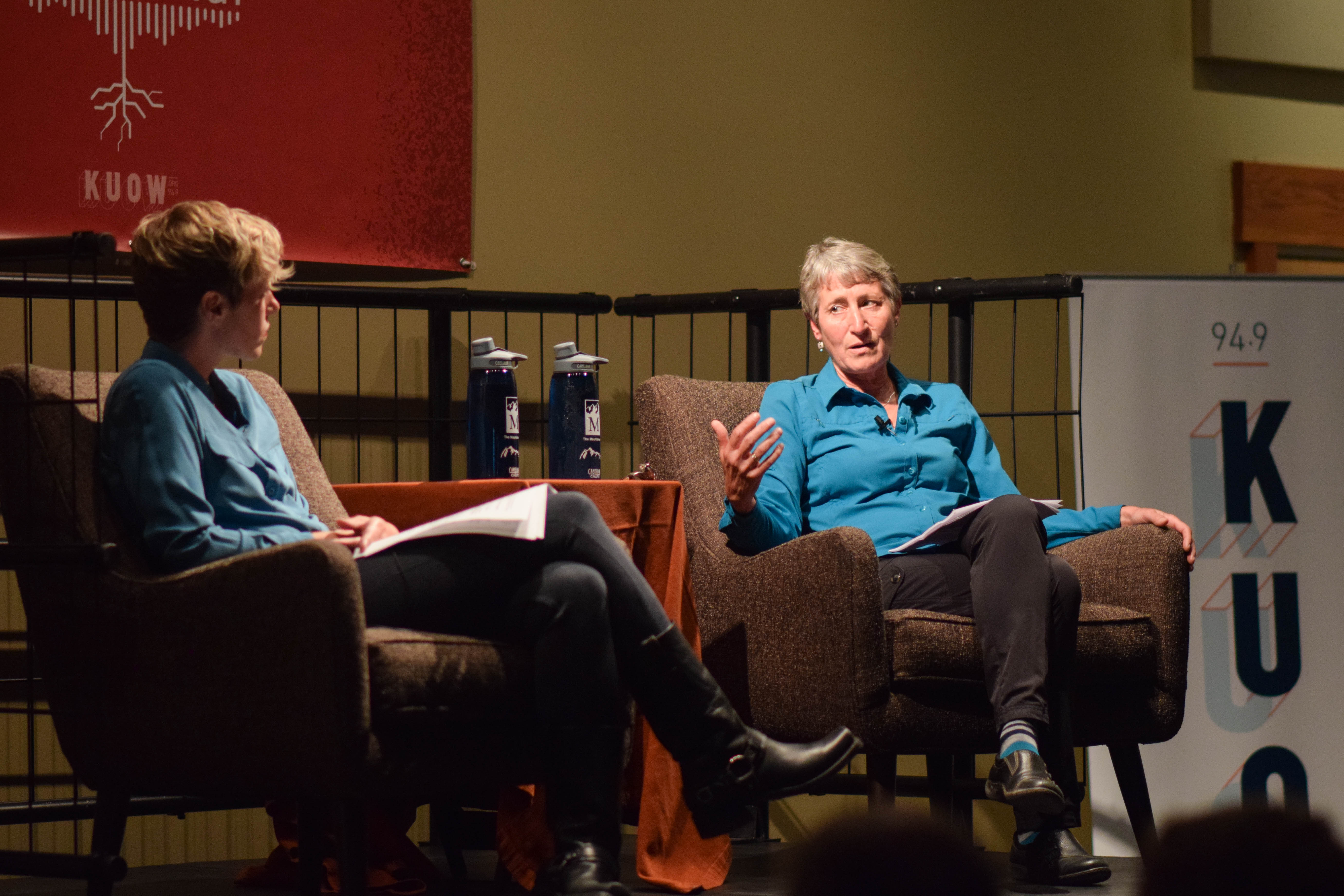 caption: Ashley Ahearn and Sally Jewell at The Mountaineers Program Center