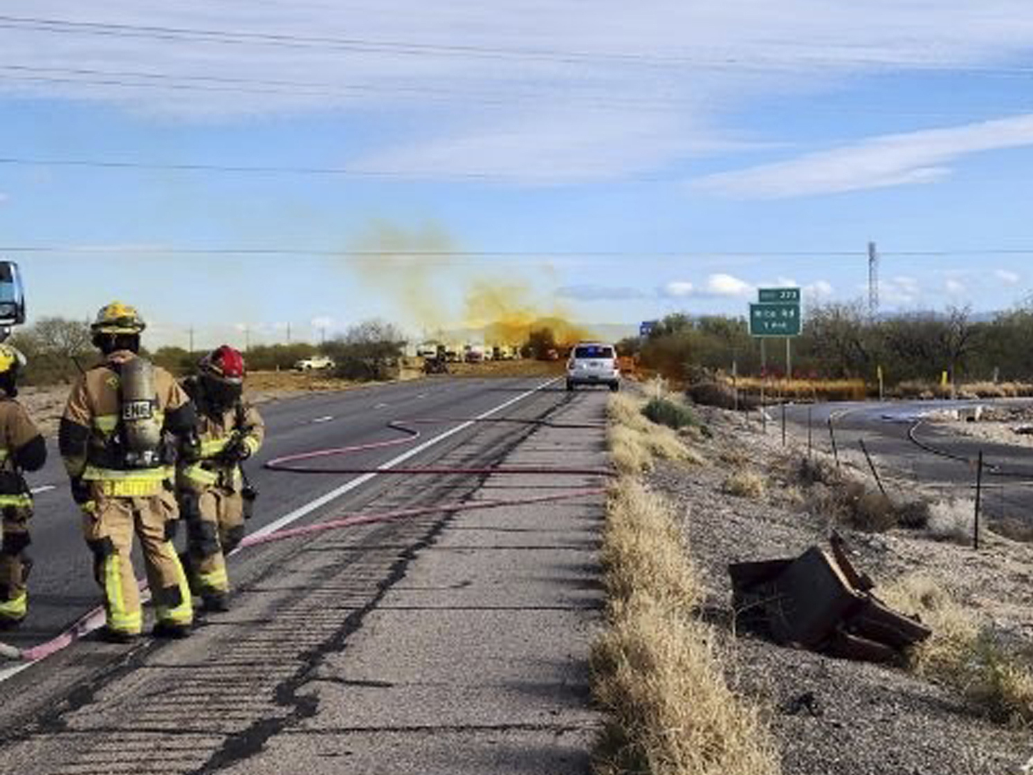 caption: An accident involving a commercial tanker truck caused a hazardous material to leak onto Interstate 10 outside Tucson, Ariz., on Tuesday, prompting state troopers to shut down traffic on the freeway.