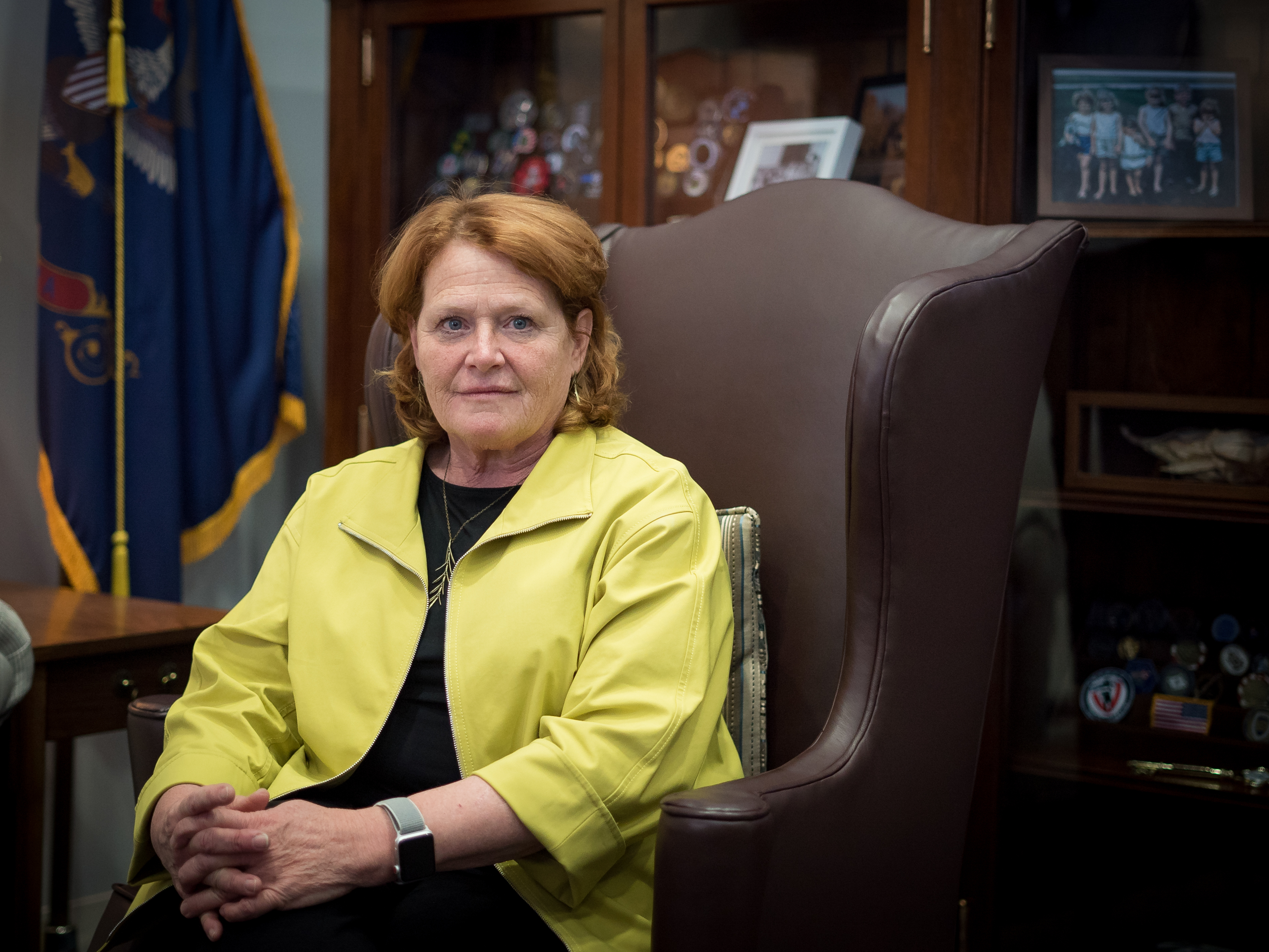 caption: Sen. Heidi Heitkamp of North Dakota sits in her office at the Hart Senate Office Building in Washington, D.C.