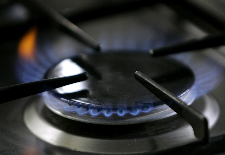caption: A gas-lit flame burns on a natural gas stove. (Thomas Kienzle/AP)
