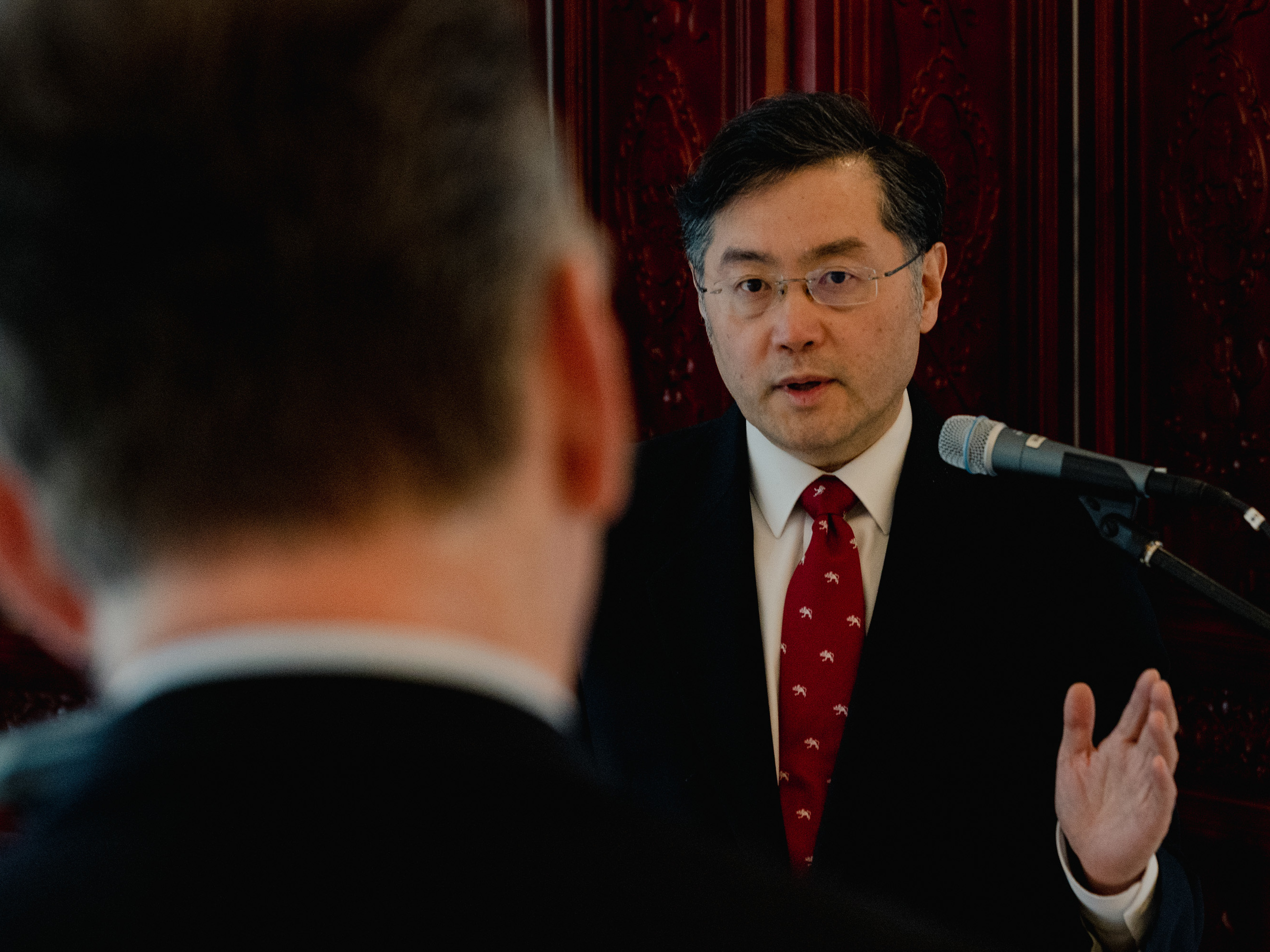 caption: Veteran Chinese diplomat Qin Gang, China's ambassador to the U.S., speaks with NPR's Steve Inskeep at Qin's official residence in Washington, D.C., Thursday.