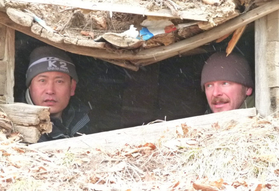 caption: One of Sooyong Park's hides: a tiny hole in the ground, barely high enough to sit upright in.