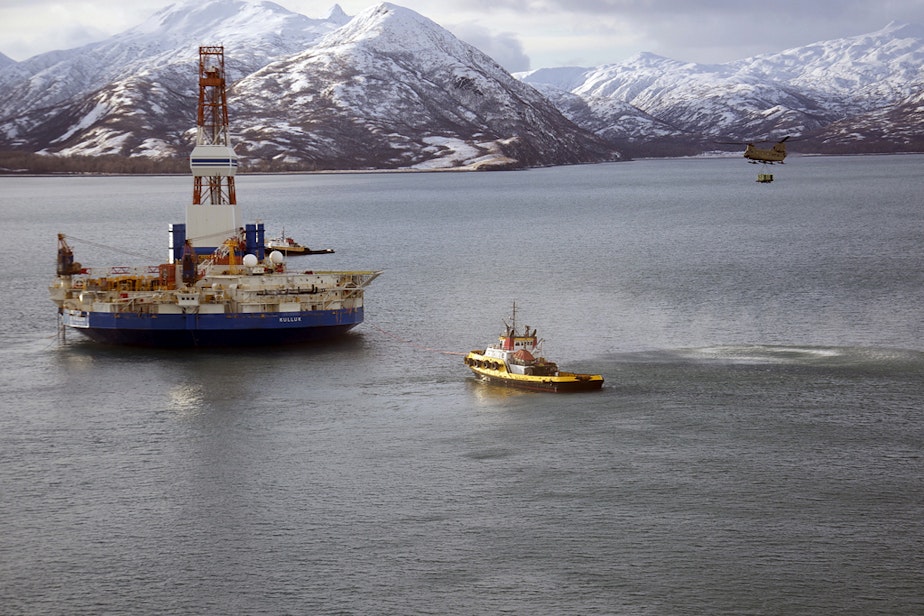 caption: Shell's oil rig Kulluk became stranded in Kodiak, Alaska two years ago. This photo of the stranded vessel  was taken  Jan. 7, 2013.