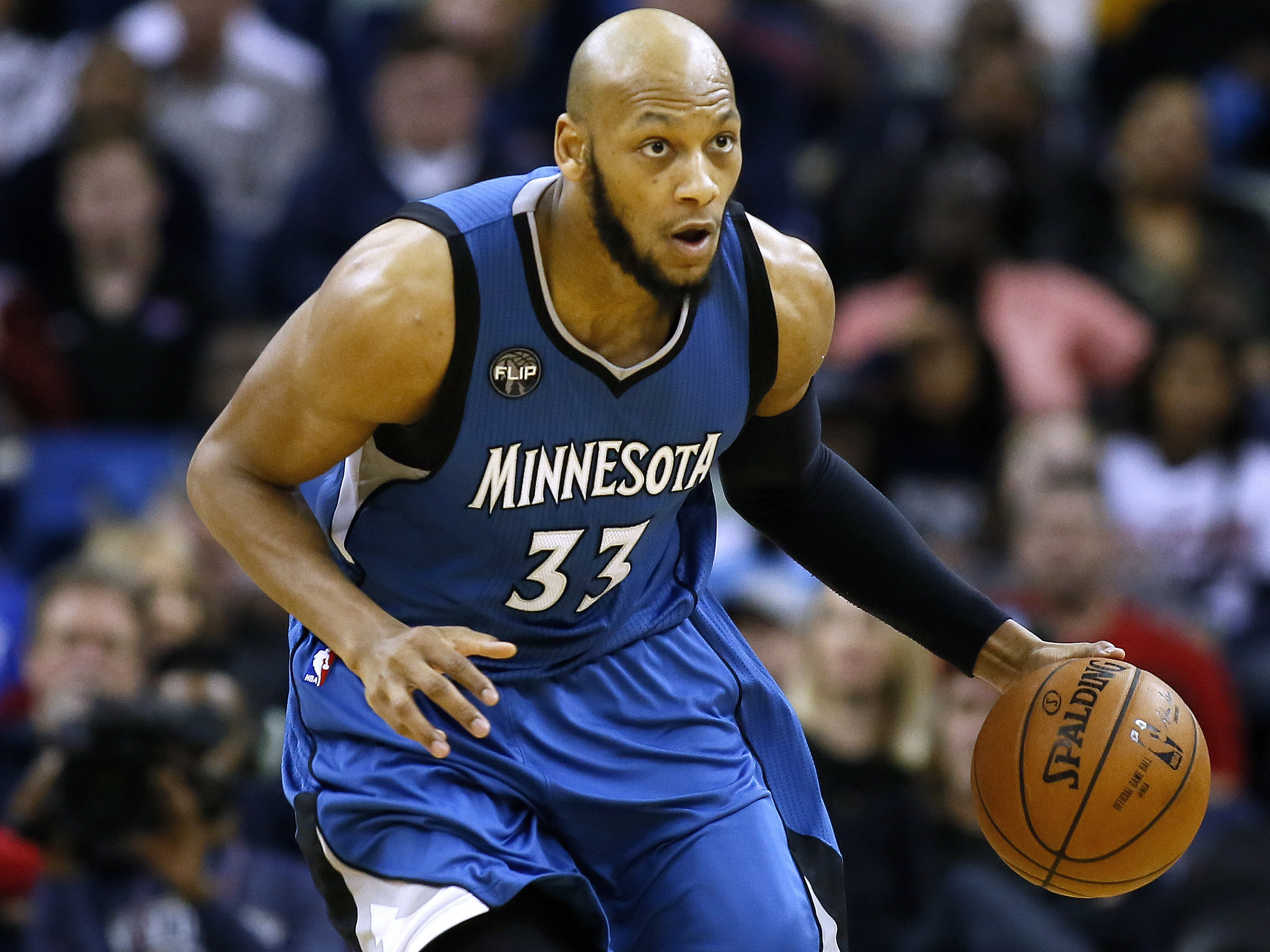 caption: Minnesota Timberwolves forward Adreian Payne drives with the ball during the second half of an NBA basketball game, Feb. 27, 2016, in New Orleans.