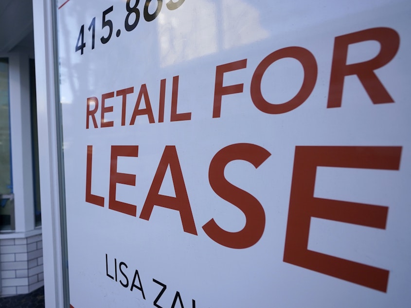 caption: A sign noting a retail space is available for lease is shown in San Francisco on Dec. 7, 2020. A resurgence in the pandemic likely dealt a major blow to the U.S. economy in the fourth quarter.