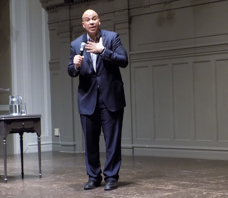 caption: Senator Cory Booker at Town Hall Seattle