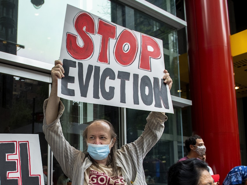 caption: Housing advocates pushing for stronger evictions protections in New York in August, the same month the U.S. Supreme Court struck down a federal eviction moratorium from the CDC. In the wake of that decision, evictions are now rising in parts of the country that don't have any local protections.