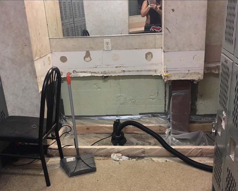 caption: The locker room at Little Darlings, a club owned by Deja Vu. Both of the dancers who spoke at the hearing worked here and at other Deja Vu clubs. The locker room regularly has standing water from flooding, which sometimes spills onto the dance floor.
