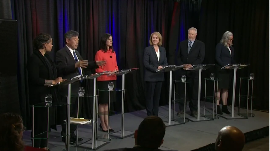 caption: Six candidates running to be Seattle's mayor appeared in a debate presented by KING 5, KUOW and Geekwire.