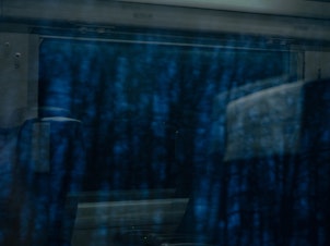 caption: Trees reflected in a window on a train from Kyiv to Slovyansk.