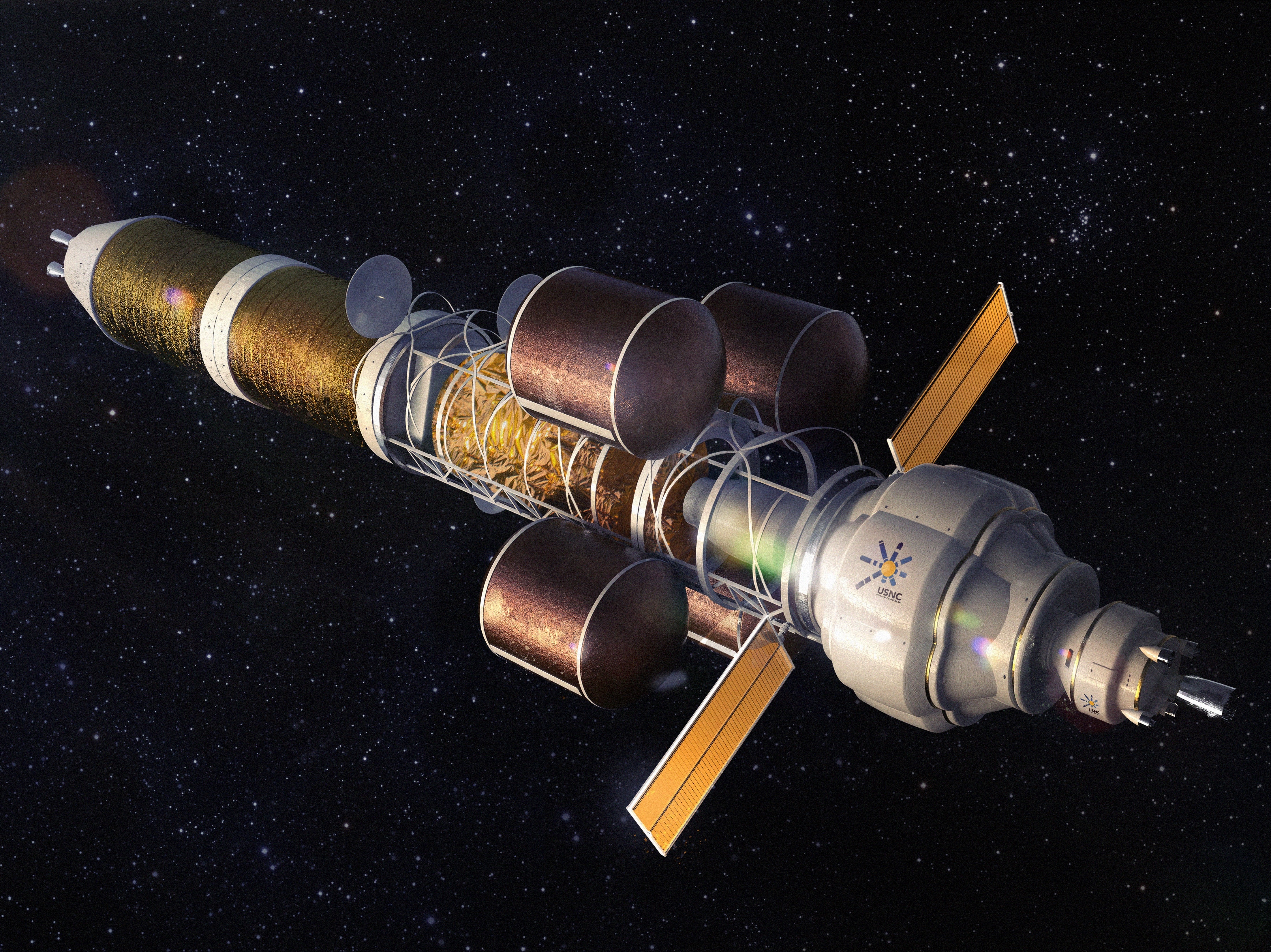 caption: An artist's depiction of a nuclear powered spacecraft of the sort that might one day carry people to Mars. Nuclear could allow for faster journeys, according to the experts.