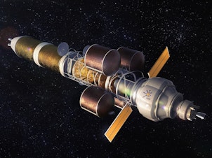 caption: An artist's depiction of a nuclear powered spacecraft of the sort that might one day carry people to Mars. Nuclear could allow for faster journeys, according to the experts.
