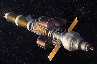 caption: An artist's depiction of a nuclear powered spacecraft of the sort that might one day carry people to Mars. Nuclear could allow for faster journeys, according to the experts.