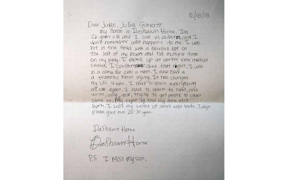 caption: A photo copy of a letter that DaShawn wrote to King County Superior Court Judge Julia Garratt is shown on November, 15, 2018.