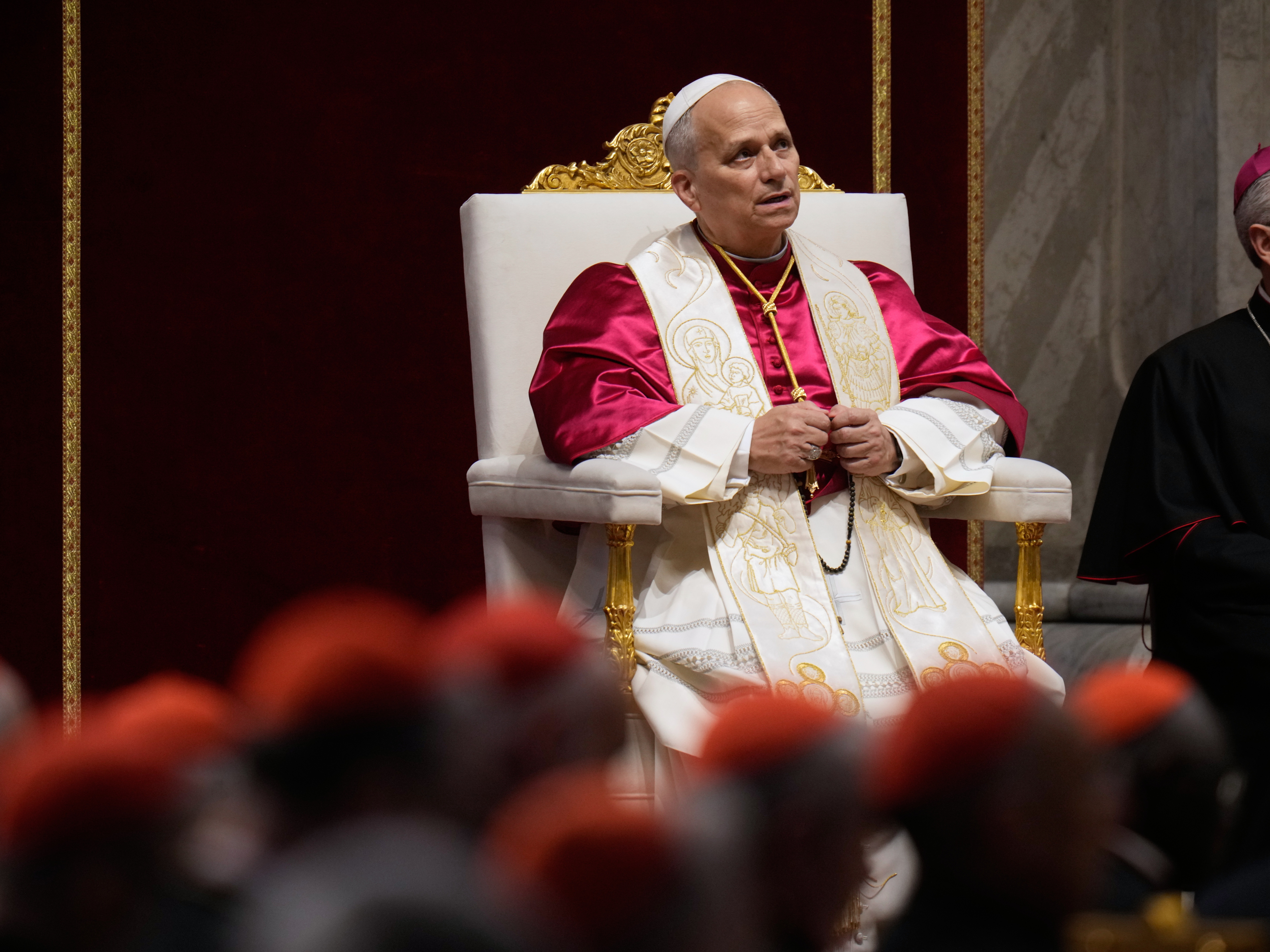caption: Pope Leo XIV leads a vigil for peace inside St. Peter's Basilica at the Vatican, Saturday, April 11, 2026.