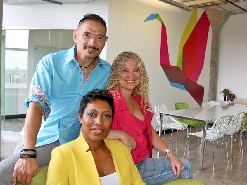 caption: Rosemary Ugboajah (at front) with her company's leadership team, Alan Tse and Sheri Ellis.