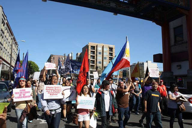 caption: May Day march in Seattle.