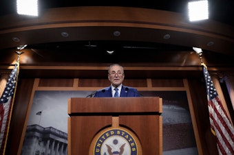 caption: Senate Majority Leader Chuck Schumer, D-N.Y., speaks during a news conference after passage of the Inflation Reduction Act at the U.S. Capitol on Sunday.