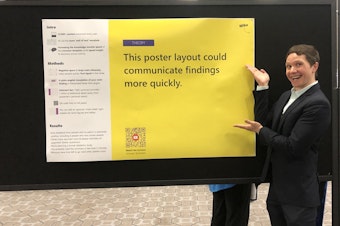 caption: Michigan State University doctoral student Mike Morrison has a redesign for scientific posters to spell out their main point in big, easy-to-read letters.