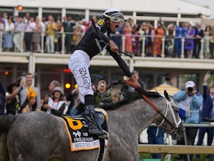 caption: Jaime Torres, atop Seize The Grey, reacts after crossing the finish line to win the Preakness Stakes horse race at Pimlico Race Course on Saturday in Baltimore.