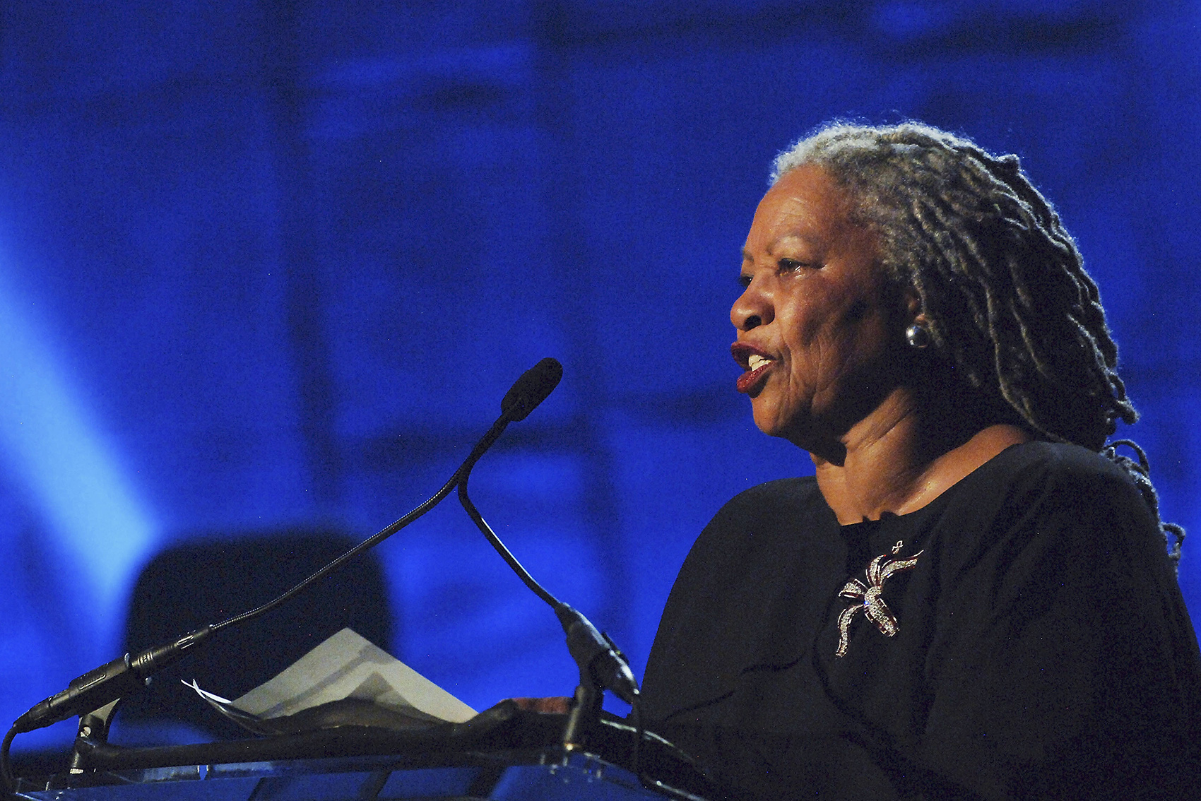 caption: Author Toni Morrison performs at the Jazz At Lincoln Center's Concert For Hurricane Relief at the Rose Theater on Sept. 17, 2005 in New York City. (Brad Barket/Getty Images)
