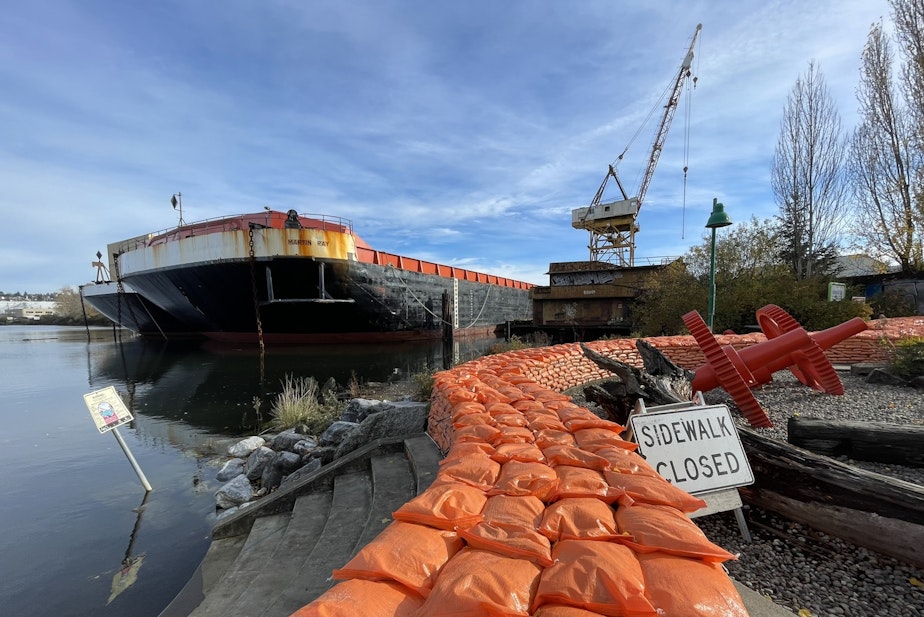 caption: A sandbag wall along the Duwamish River in Seattle's South Park neighborhood in November 2023.
