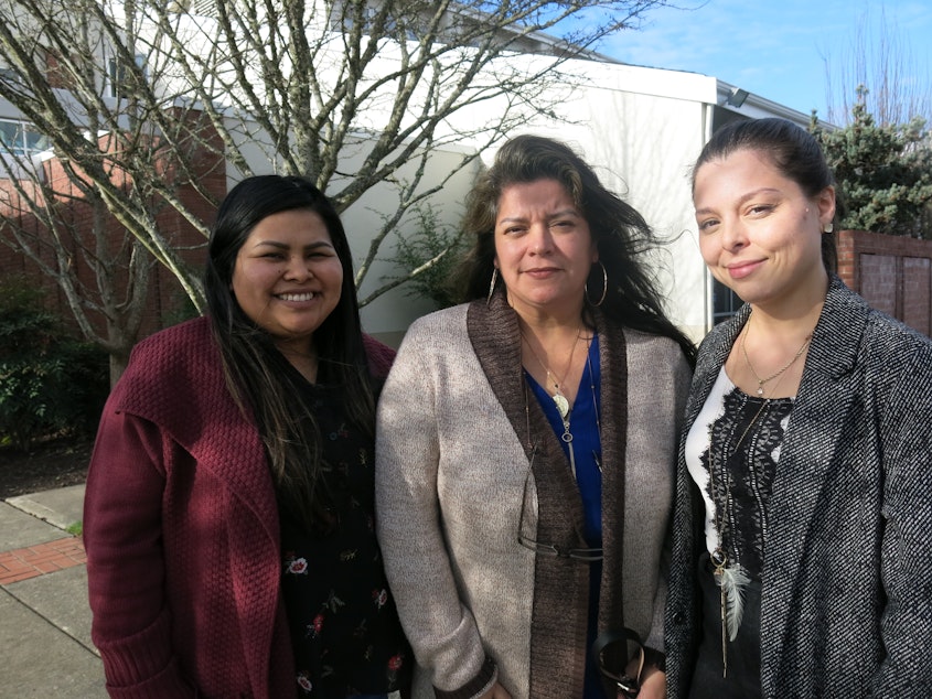 caption: Ada Gomez and Adriana Bedoy with Centro Latino and Maia Espinoza with Center for Latino Leadership are doing census outreach in preparation for the 2020 census.
