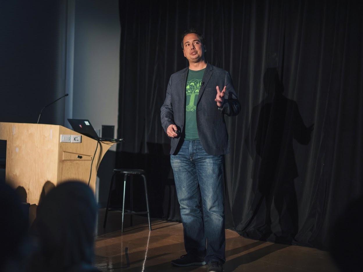 caption: Steve Engels on the TEDx stage.