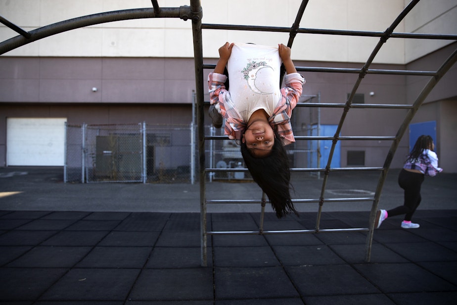 caption: Leslie, a 4th-grade-student at Jennie Reed Elementary plays during recess on Monday, September 26, 2022, in Tacoma. 
