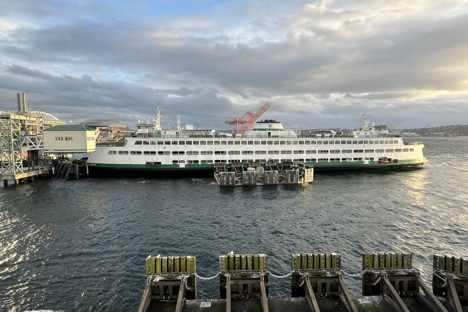 caption: A ferry at dock in Seattle on March 9, 2024.