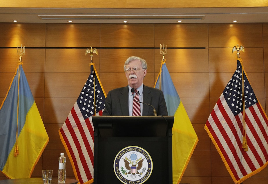 caption: Then-national security adviser John Bolton speaks during a media conference in the Ukrainian capital of Kyiv on Aug. 28, 2018. Bolton, a lifelong Russia hawk, has been described as objecting to Trump's Ukraine policy: Holding up military assistance intended to help Ukraine resist Russian military activity was antithetical to Bolton's worldview.