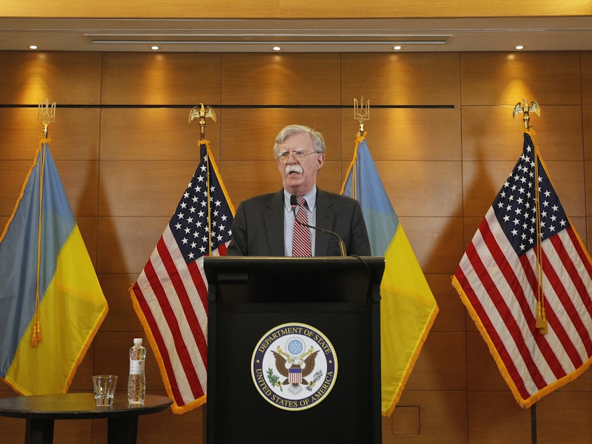 caption: Then-national security adviser John Bolton speaks during a media conference in the Ukrainian capital of Kyiv on Aug. 28, 2018. Bolton, a lifelong Russia hawk, has been described as objecting to Trump's Ukraine policy: Holding up military assistance intended to help Ukraine resist Russian military activity was antithetical to Bolton's worldview.