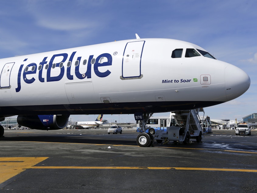 caption: A JetBlue plane is shown at John F. Kennedy International Airport in New York on March 16, 2017. A federal judge has blocked JetBlue Airways from buying Spirit Airlines, saying the $3.8 billion deal would reduce competition.