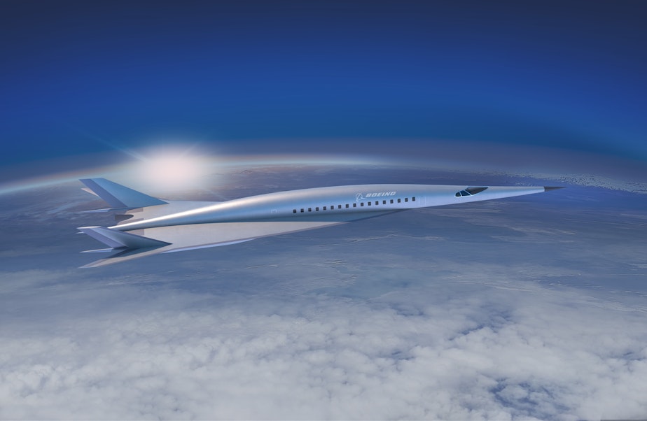 caption: A conceptual drawing of Boeing's proposed passenger plane that could fly five times the speed of sound