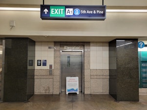 caption: An elevator out of service at the 5th & Pine light rail station.