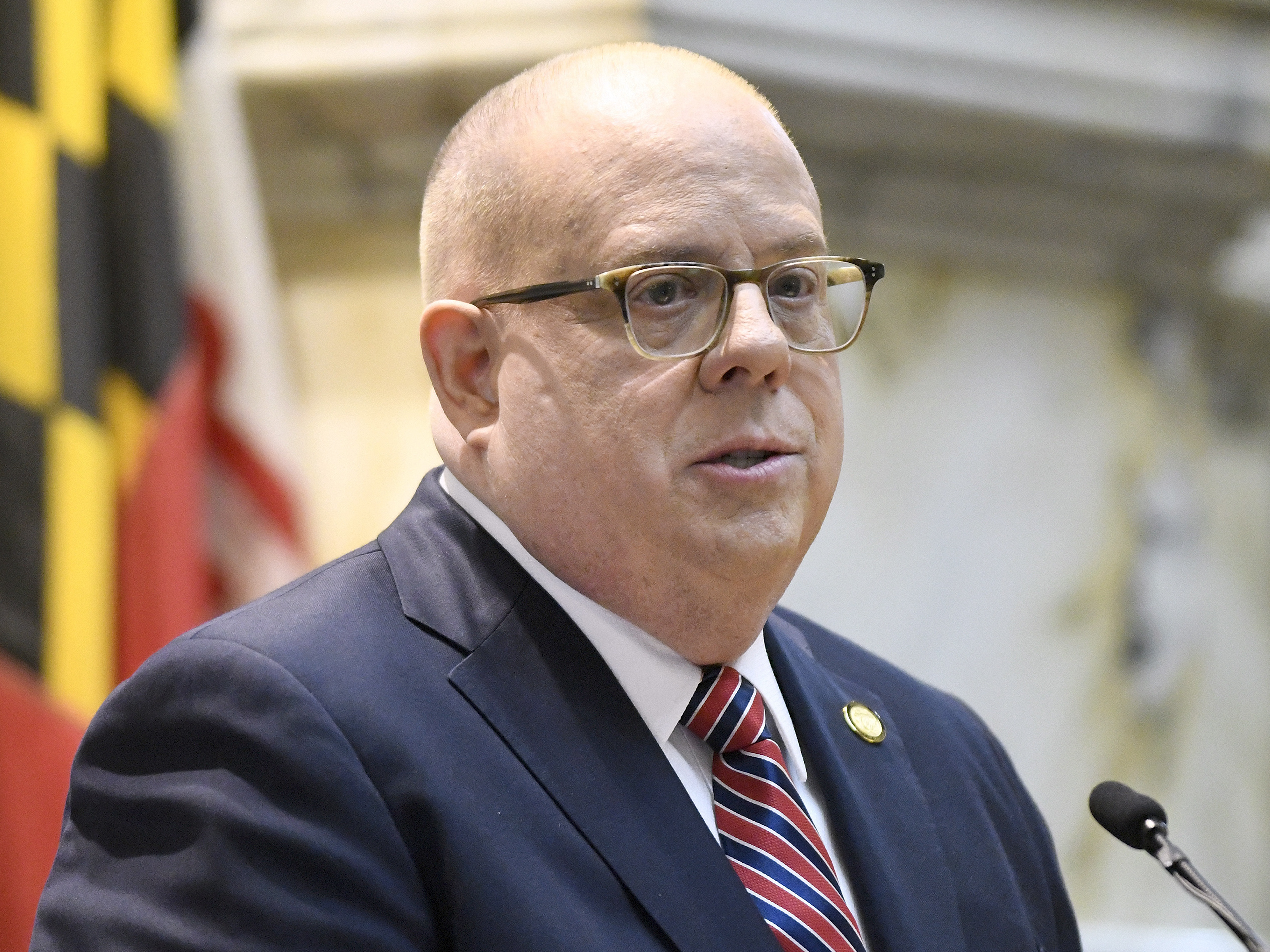caption: Maryland Gov. Larry Hogan, pictured in February, urged residents not to panic as he announced the states first three cases of coronavirus tests.