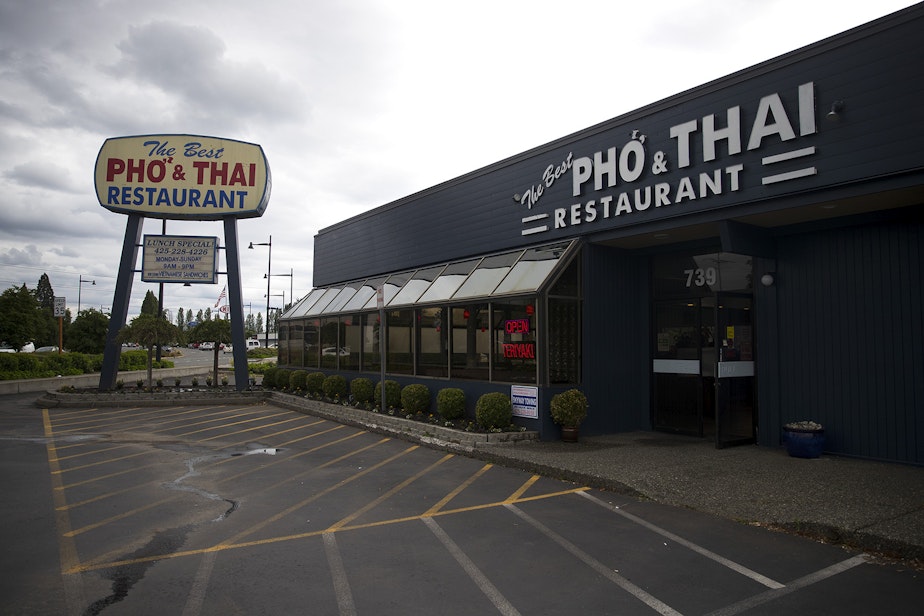 caption: The Best Pho and Thai Restaurant is shown on Tuesday, May 19, 2020, on Rainier Avenue South in Renton.