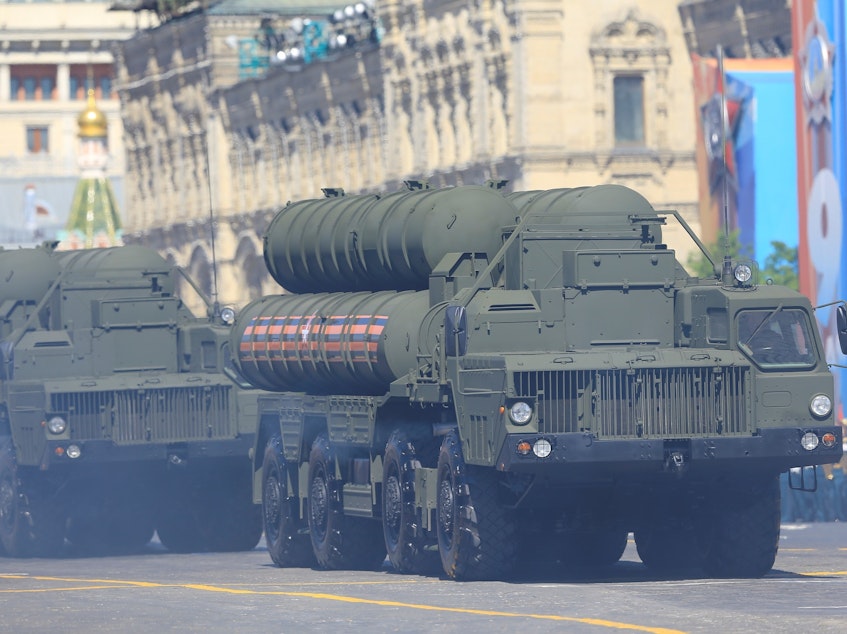 caption: Russia is sending a new division of S-400 Triumf surface-to-air missile systems to Crimea, in a new sign of heightened tensions. Here, one of the systems is carried during the Victory Day military parade Russia held in May.