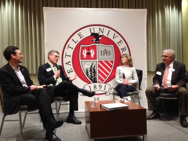 caption: Left to right: Bob Ferguson, Pete Holmes, Joni Balter and Larry Hubbell at a marijuana forum at Seattle University.