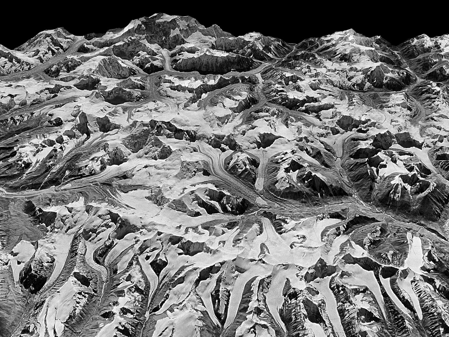 caption: This oblique view of the Himalayan landscape was captured by a KH-9 Hexagon satellite on Dec. 20, 1975, on the border between eastern Nepal and Sikkim, India.