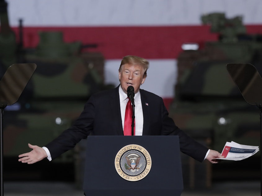 caption: President Donald Trump speaks at Joint Systems Manufacturing Center in Lima, Ohio, on Wednesday, March 20, 2019. His speech included a 5 minute attack on the late Senator John McCain of Arizona.