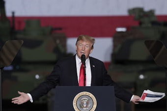 caption: President Donald Trump speaks at Joint Systems Manufacturing Center in Lima, Ohio, on Wednesday, March 20, 2019. His speech included a 5 minute attack on the late Senator John McCain of Arizona.