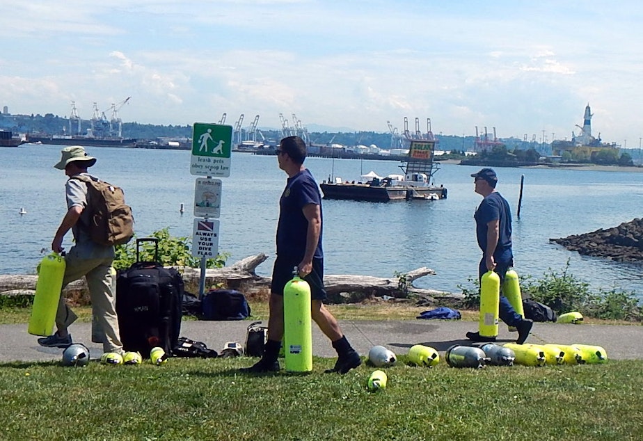 Seacrest Park in West Seattle, with protesters' barge and Shell's oil rig in the background