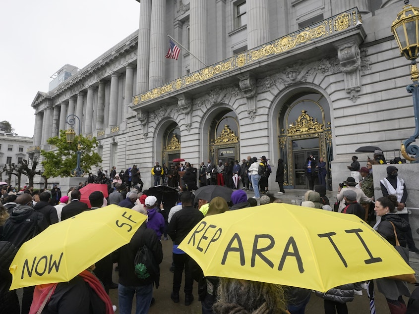 caption: A reparations rally outside City Hall in San Francisco this month, as supervisors take up a draft reparations proposal. The growing number of local actions has renewed hopes and questions about a national policy.