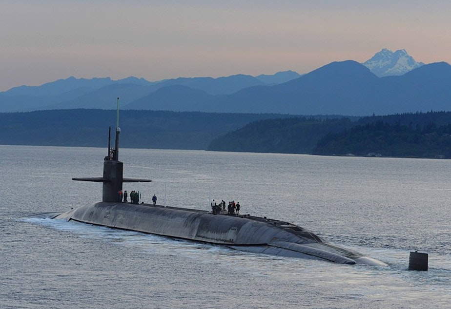 caption: The nuke-armed USS Henry M. Jackson at Puget Sound. 