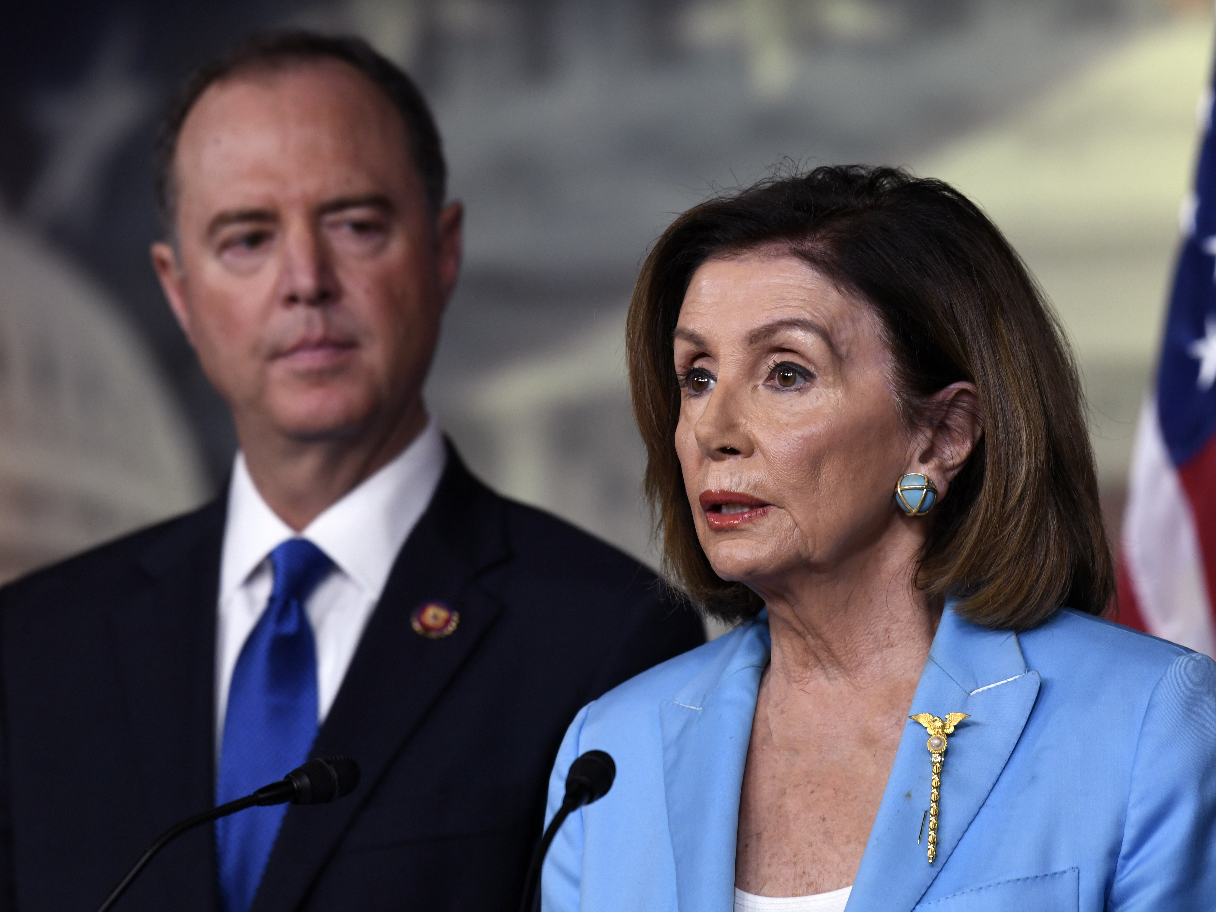 caption: House Speaker Nancy Pelosi, D-Calif., and House Intelligence Committee Chairman Adam Schiff, D-Calif., hold a news conference on Capitol Hill on Wednesday.