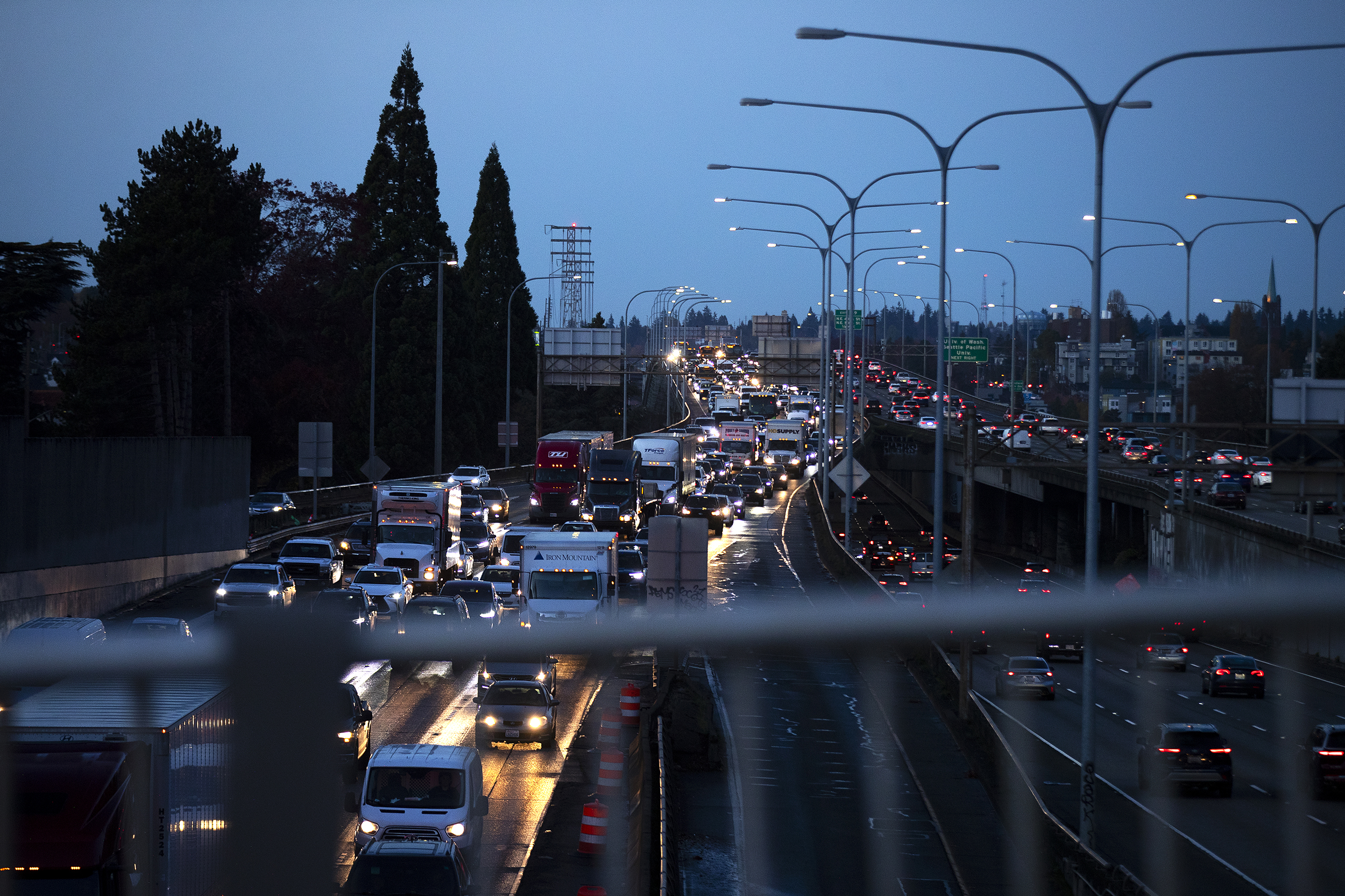 caption: Traffic is shown heading south on I-5 toward downtown Seattle on Tuesday, November 5, 2024. 
