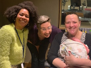 caption: Eula Scott Bynoe, Jeannie Yandel, Leslie Feinzaig, and baby Ruth talk about how women can be better allies to one another in the workplace.